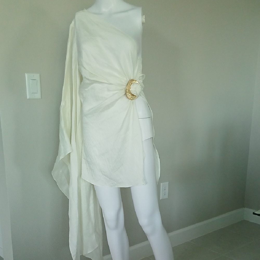 Cult Gaia White Draped Dress with Gold Accent